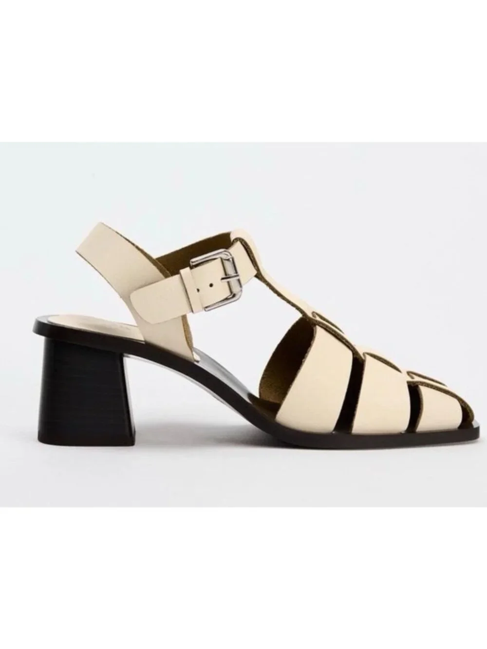 Zara NWOB Leather Cage Sandals Cream Size 6.5 With Block Heel & Buckle - Picture 5 of 7